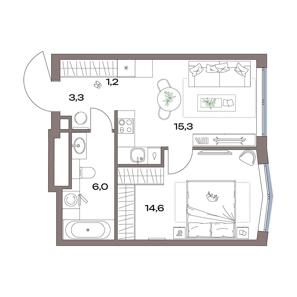 2-комнатная 40 м2 в ЖК Акценты корпус null этаж 13