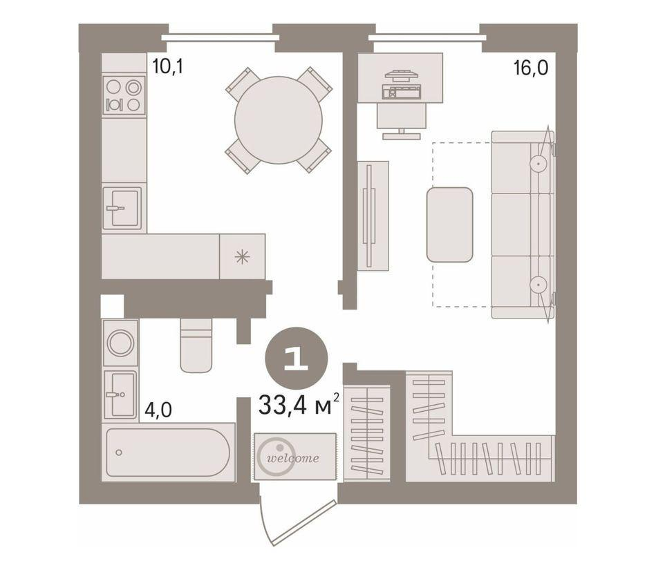 1-комнатная 33.4 м2 в ЖК undefined корпус null этаж 14