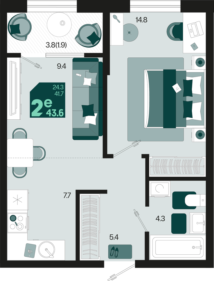 1-комнатная 43.6 м2 в ЖК undefined корпус null этаж 2