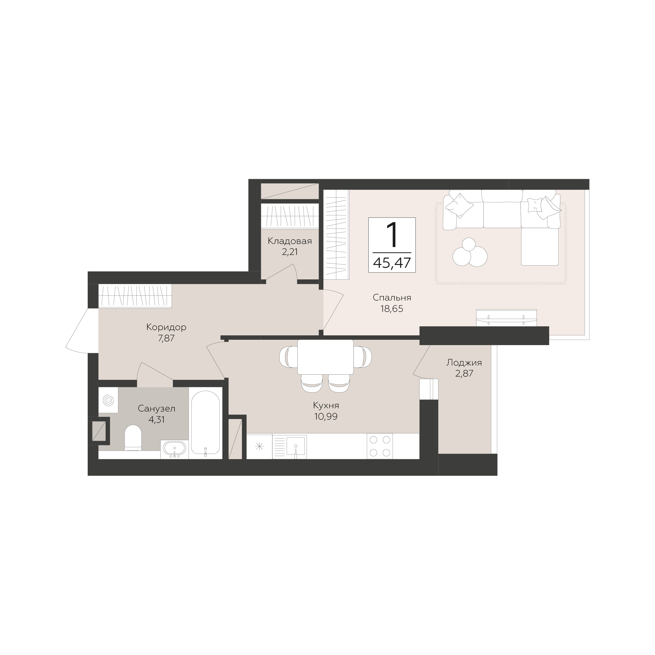 1-комнатная 45 м2 в ЖК Скай корпус null этаж 8