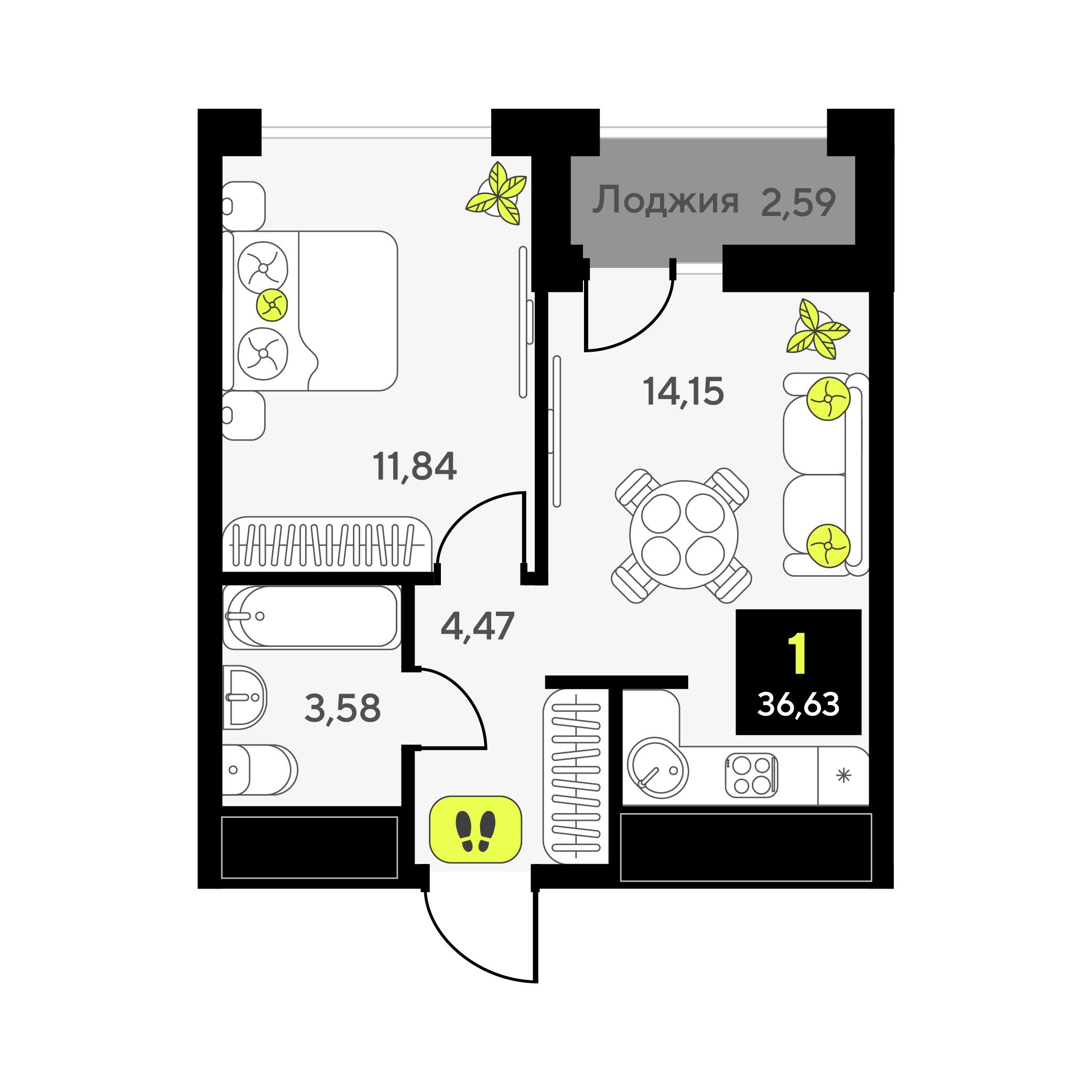 1-комнатная 36 м2 в ЖК Мотивы корпус null этаж 13
