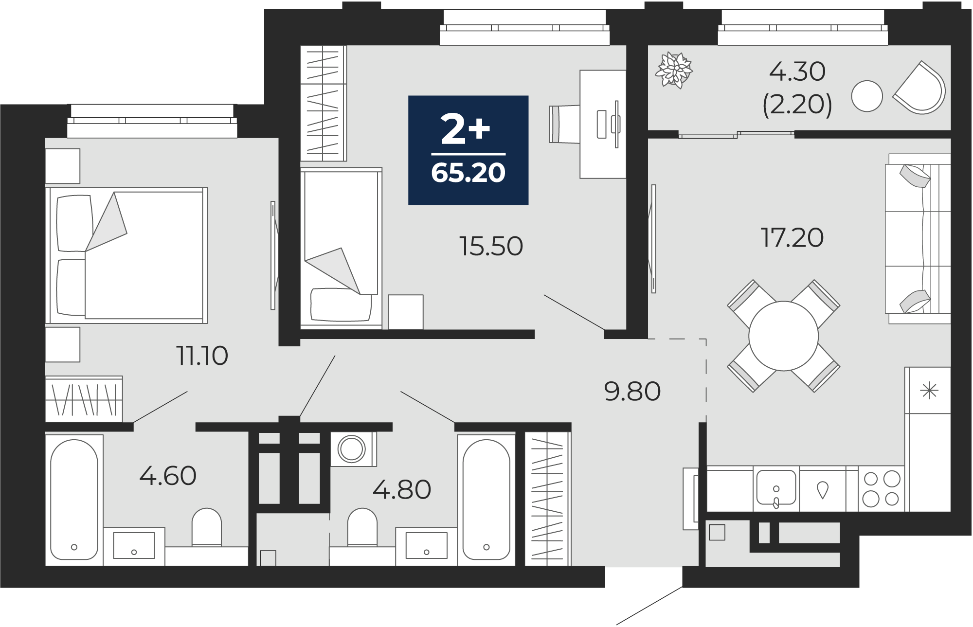 2-комнатная 63 м2 в ЖК Айвазовский корпус null этаж 7