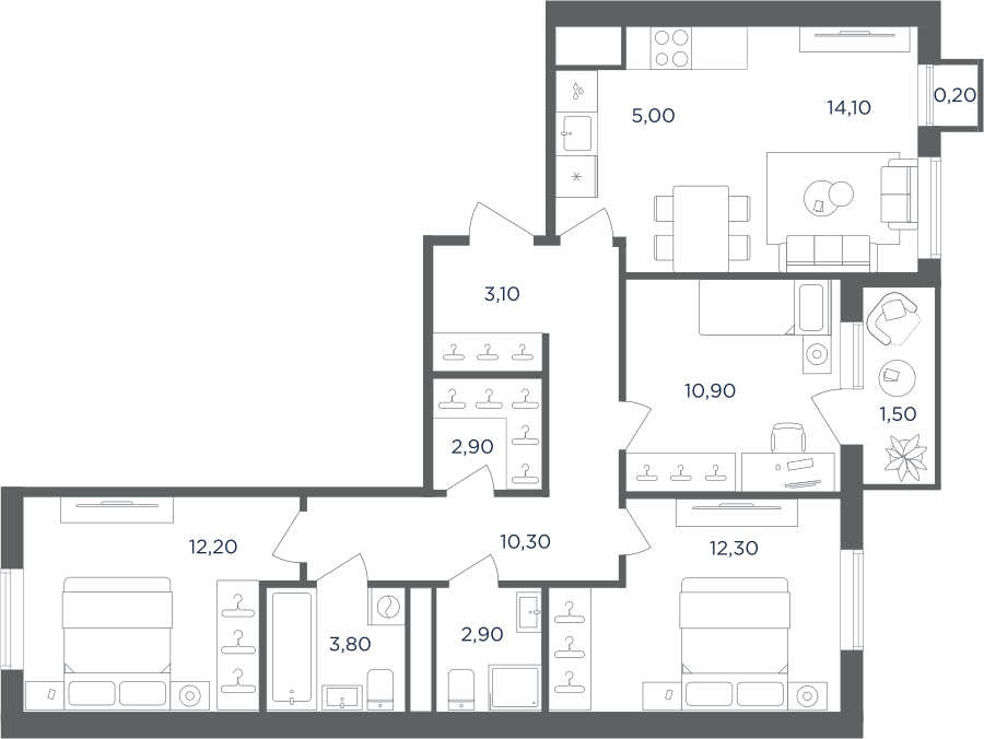 4-комнатная 77 м2 в ЖК Равновесие корпус null этаж 4
