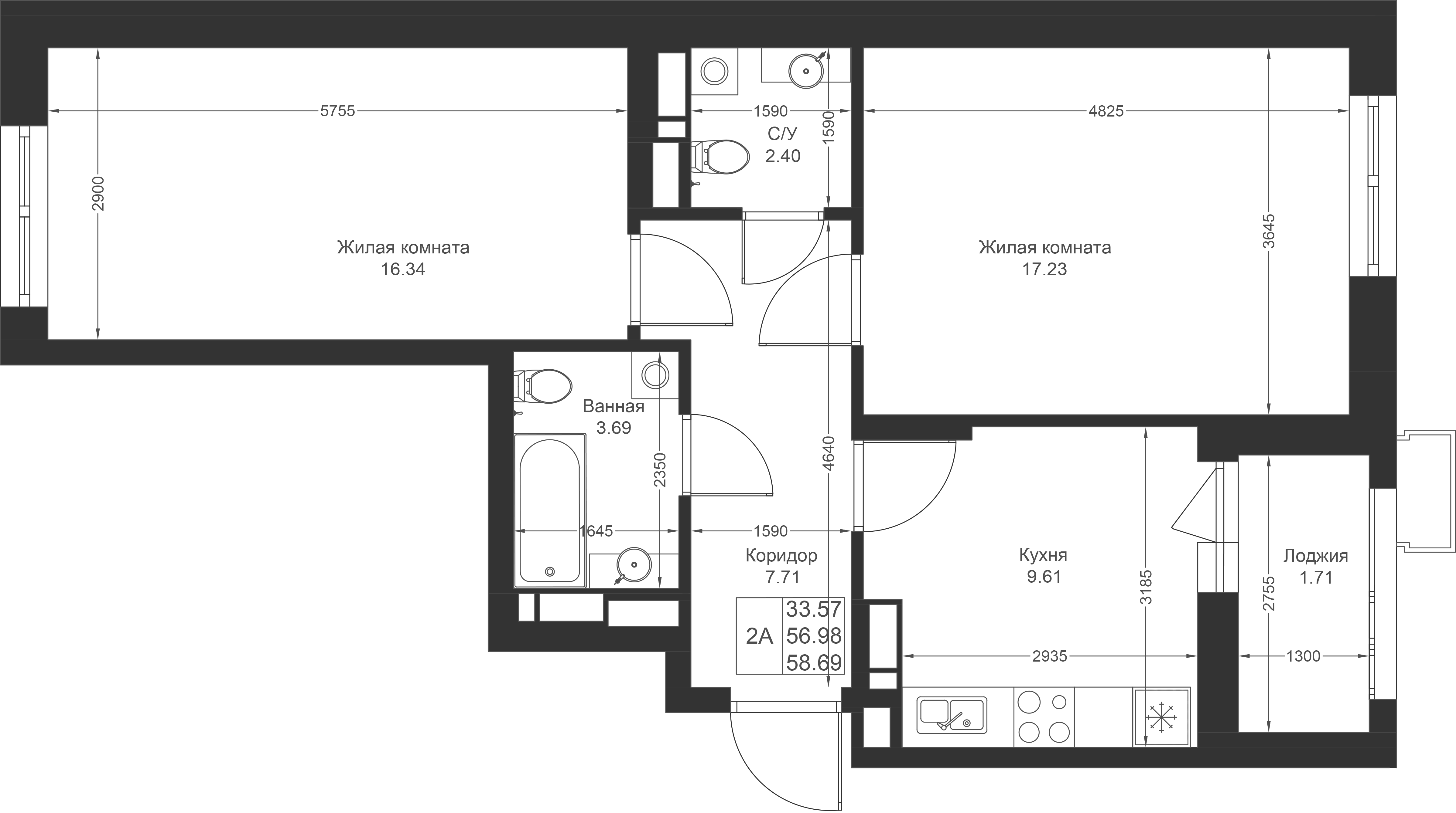 2-комнатная 58 м2 в ЖК Солнечный город корпус null этаж 11