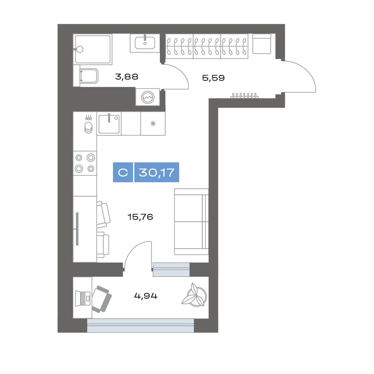 1-комнатная 30 м2 в ЖК Пятнашка корпус null этаж 10