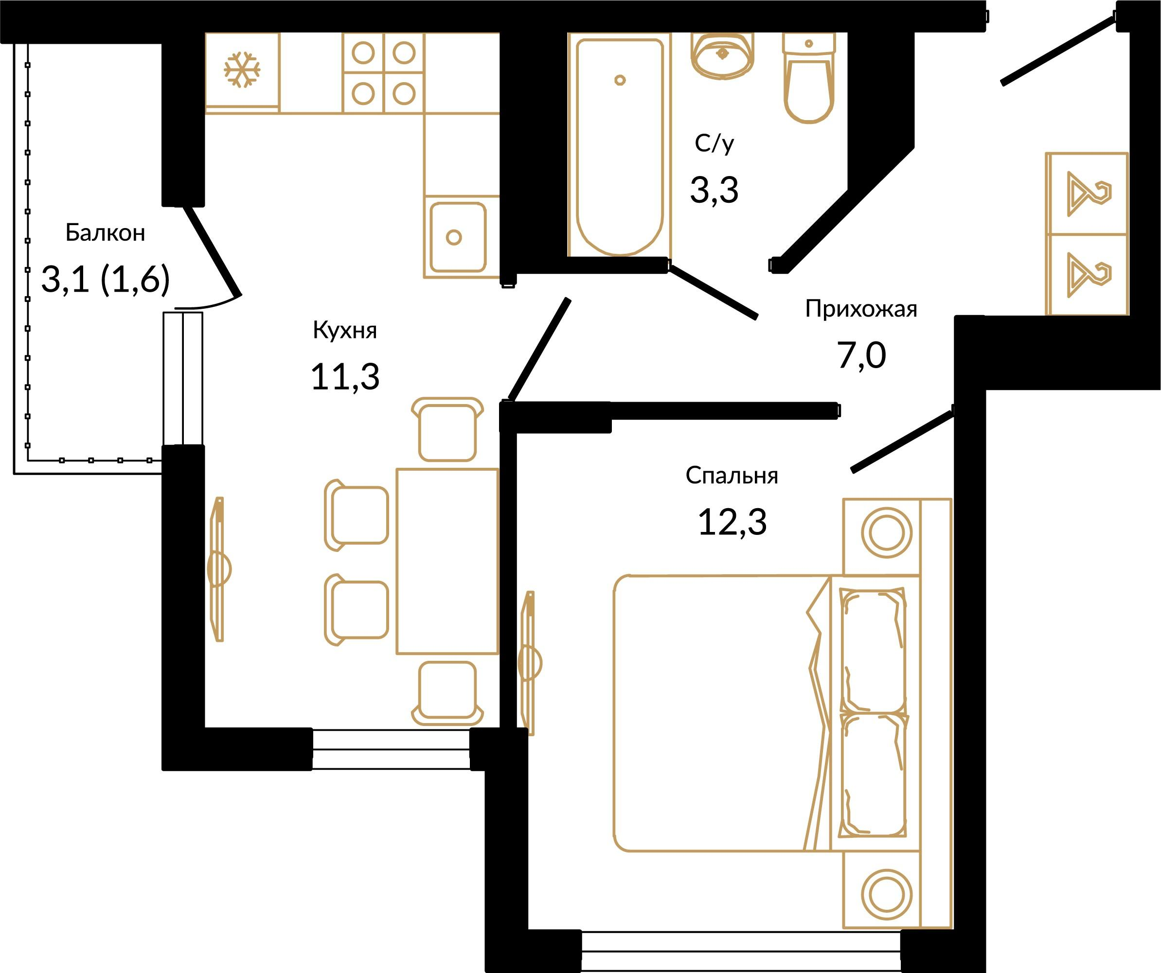 1-комнатная 35 м2 в ЖК Фрукты корпус null этаж 9