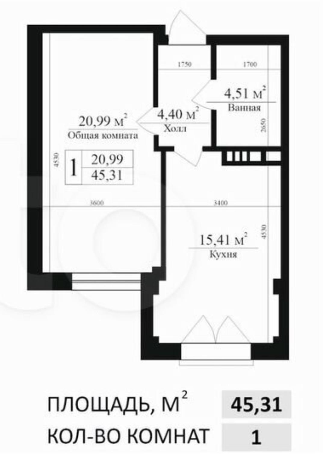 1-комнатная 45.4 м2 в ЖК undefined корпус null этаж 6