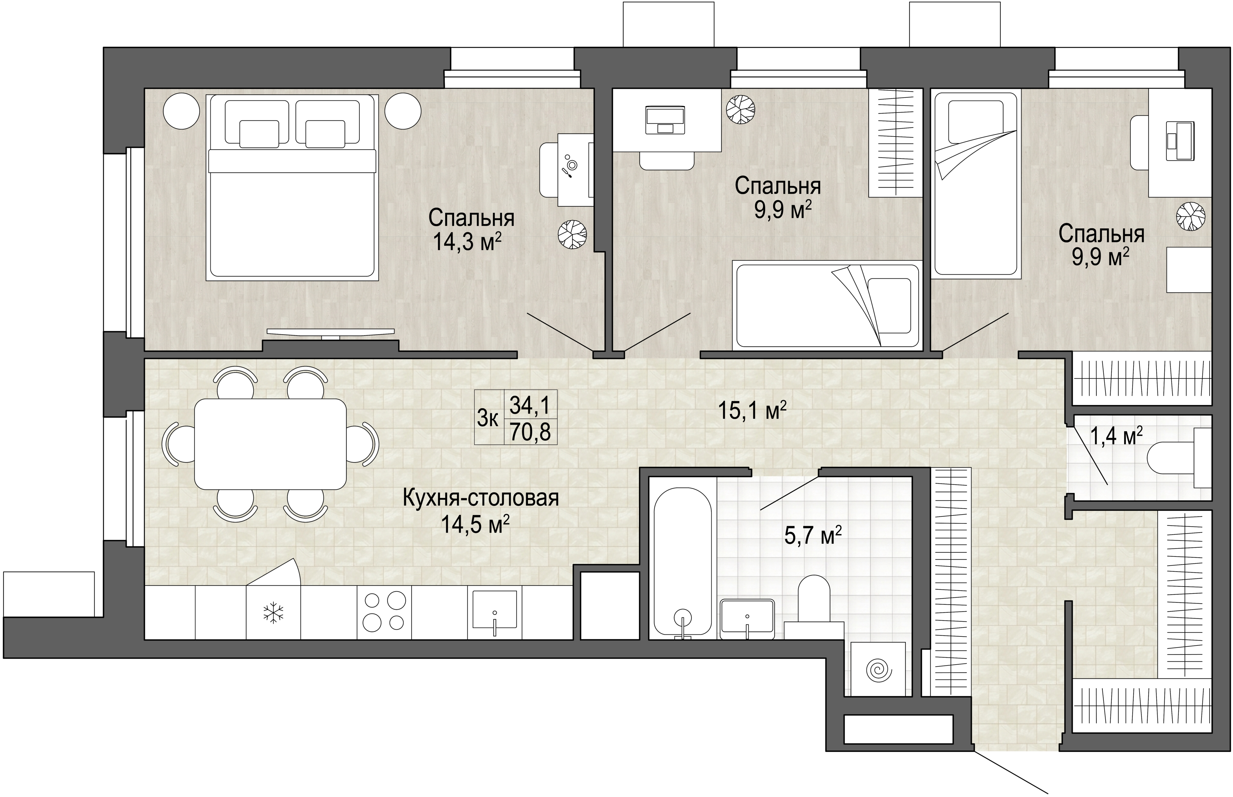 4-комнатная 70 м2 в ЖК Green 2 корпус null этаж 11