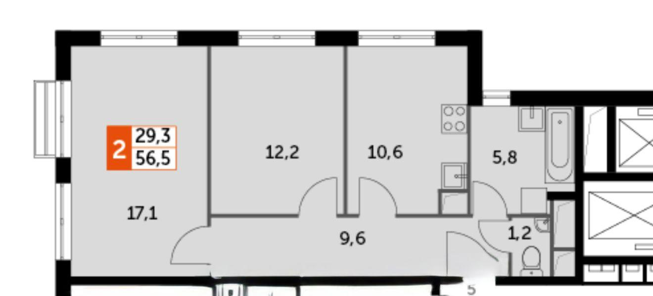 2-комнатная 56.5 м2 в ЖК undefined корпус null этаж 3