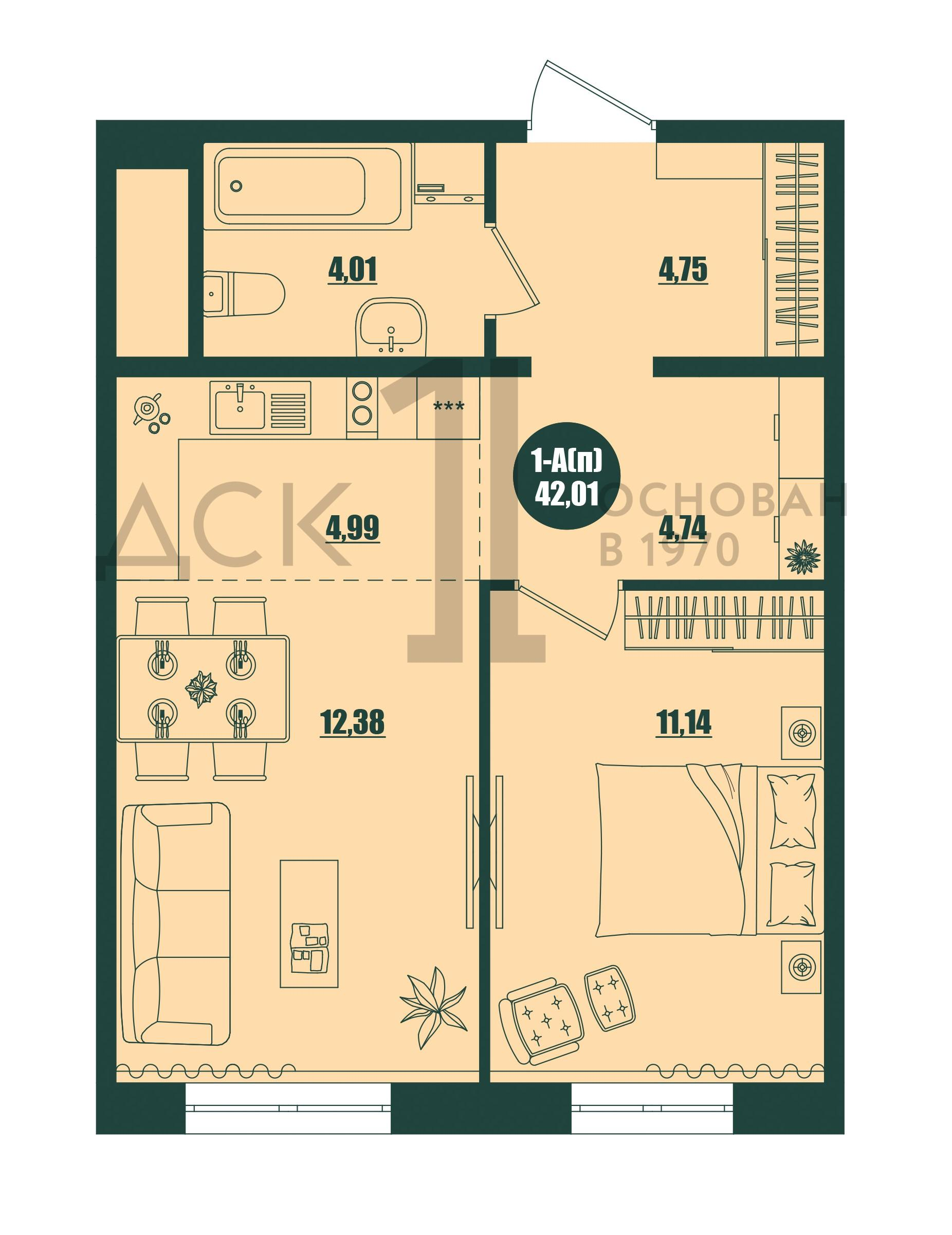 1-комнатная 42 м2 в ЖК Крылов корпус null этаж 12