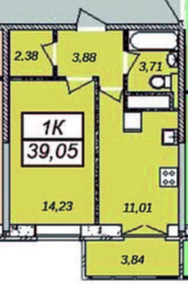 1-комнатная 39 м2 в ЖК undefined корпус null этаж 2