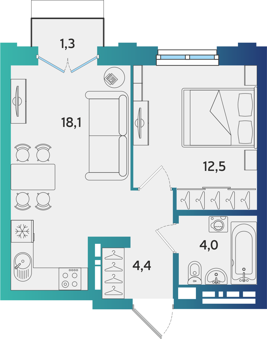 1-комнатная 39 м2 в ЖК Экополис корпус null этаж 8