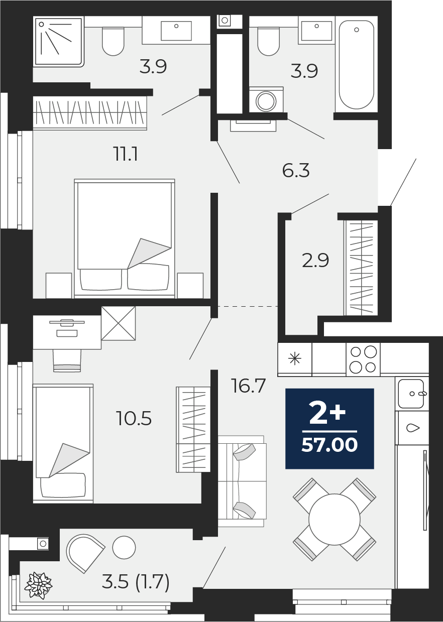 2-комнатная 55 м2 в ЖК Мириады корпус null этаж 11