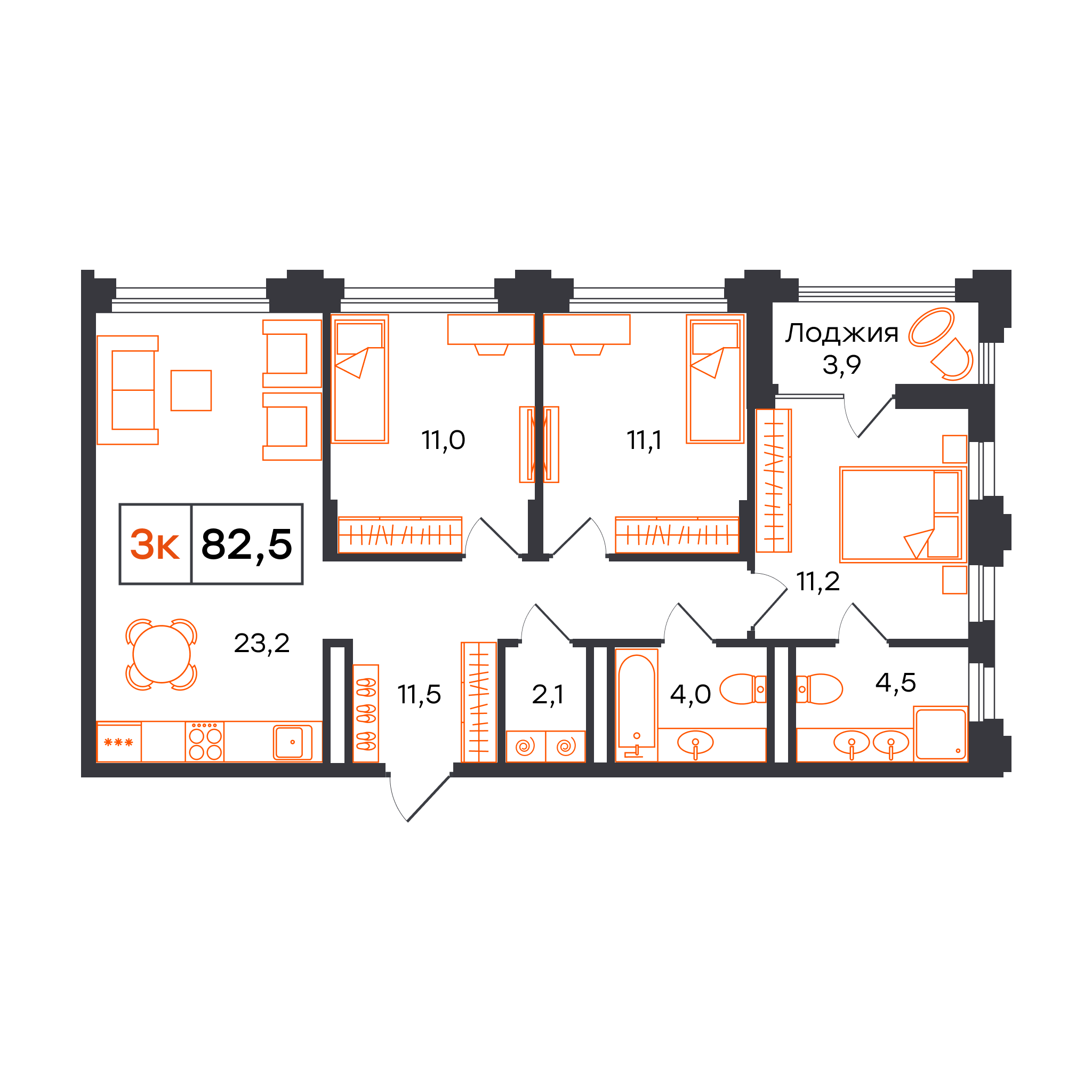 3-комнатная 82 м2 в ЖК Александровский корпус null этаж 3