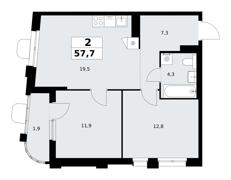 2-комнатная 57 м2 в ЖК Прокшино корпус null этаж 13