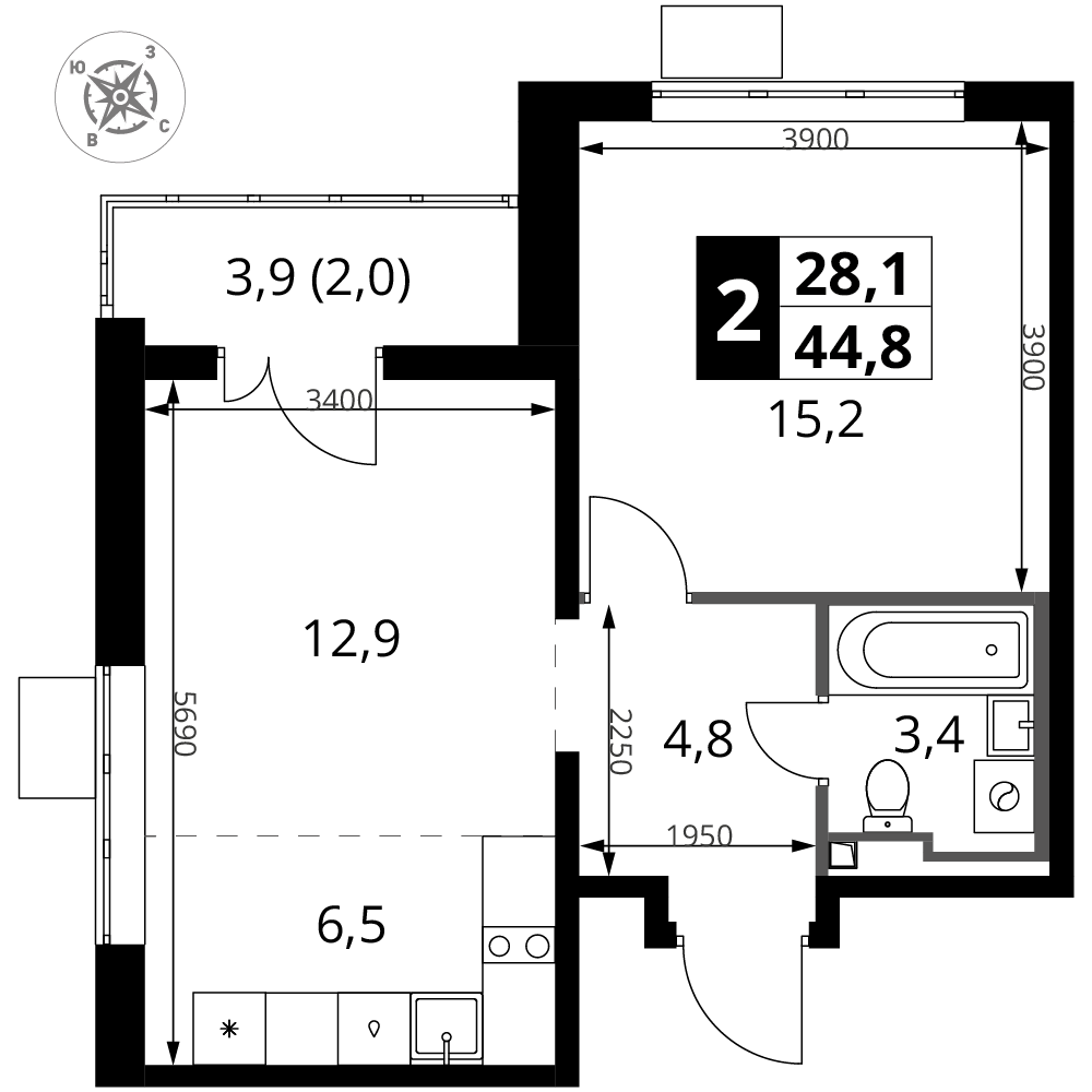 2-комнатная 44 м2 в ЖК 1-й Донской корпус null этаж 9