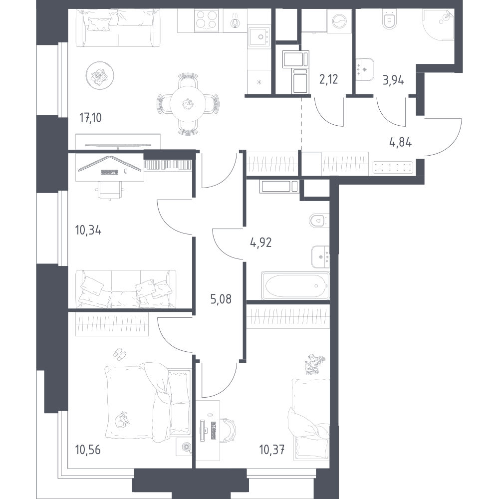 3-комнатная 69 м2 в ЖК Тропарево Парк корпус null этаж 5