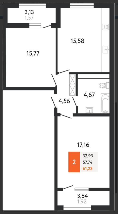 2-комнатная 61 м2 в ЖК undefined корпус null этаж 15