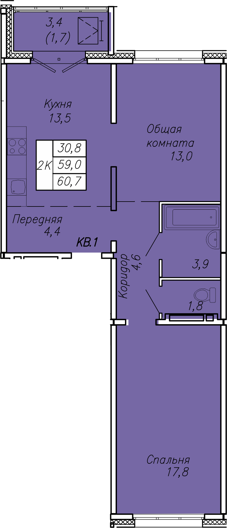 2-комнатная 60 м2 в ЖК Квартет корпус null этаж 3