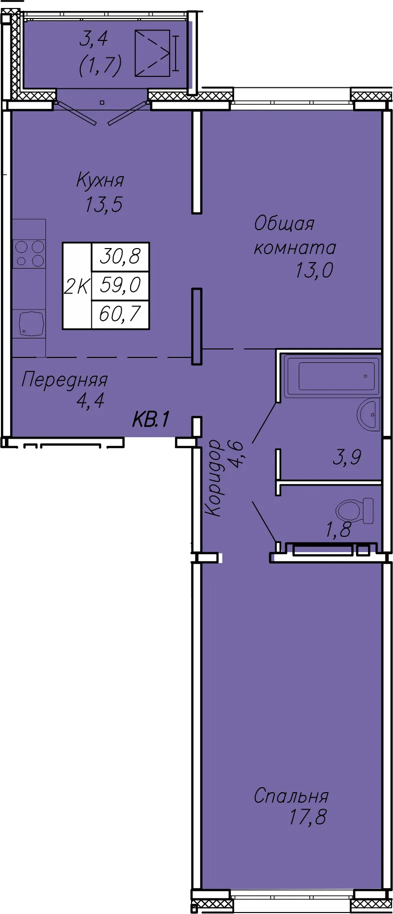 2-комнатная 60 м2 в ЖК Квартет корпус null этаж 13