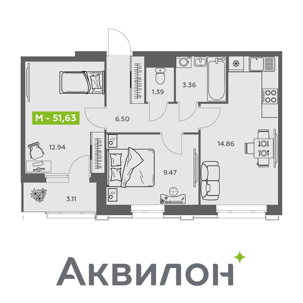 Студия 51 м2 в ЖК Аквилон АКВАРТАЛ корпус null этаж 14