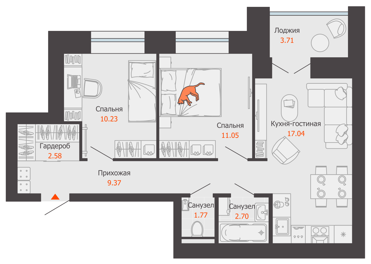 3-комнатная 57 м2 в ЖК ZNAK корпус null этаж 3