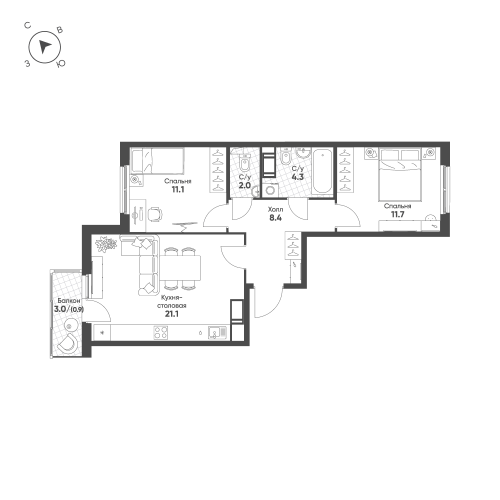 2-комнатная 59 м2 в ЖК Клюква.Парк корпус null этаж 10