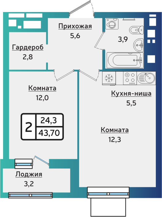 2-комнатная 43 м2 в ЖК ARTNOVA корпус null этаж 2