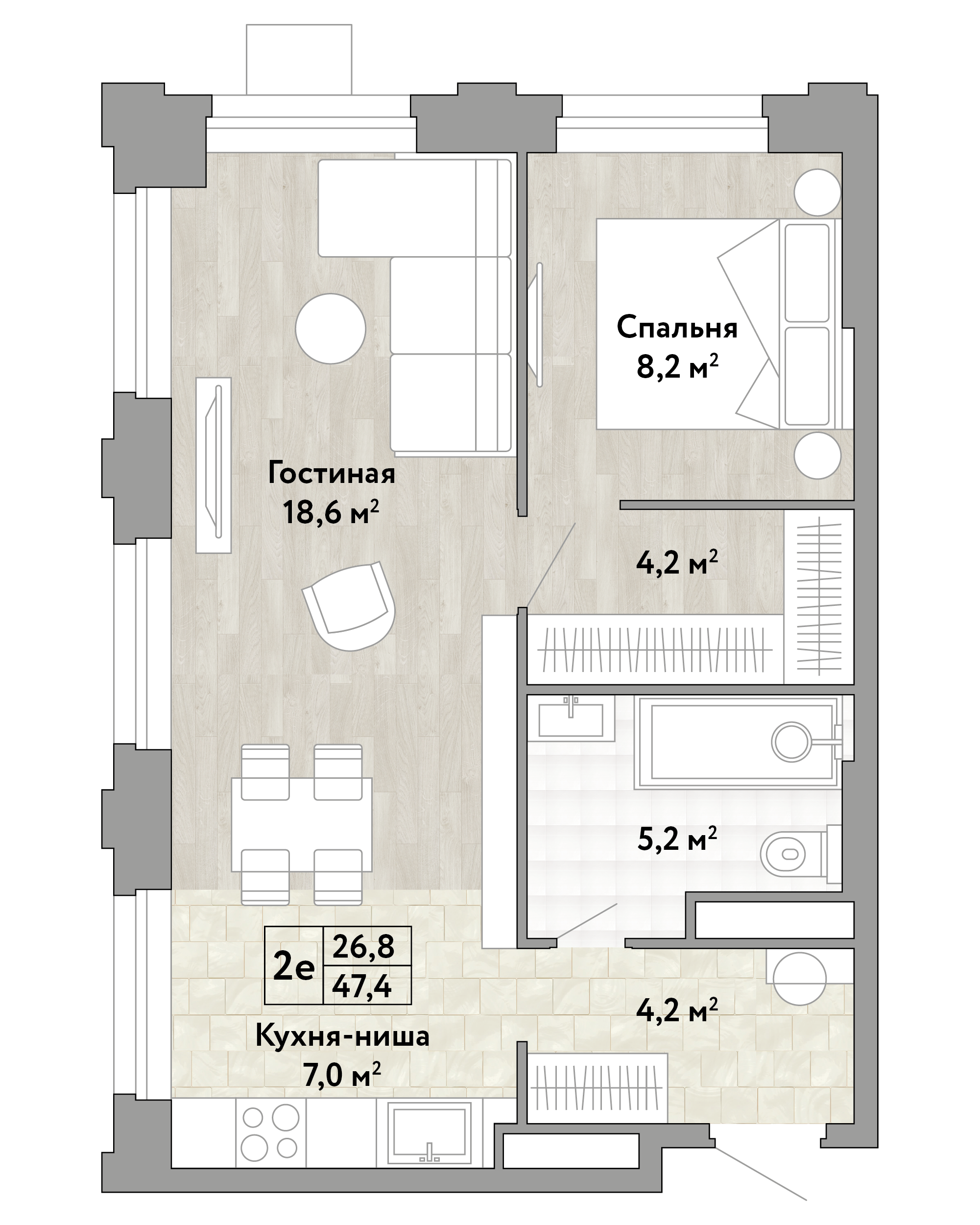 1-комнатная 47 м2 в ЖК Новые Смыслы корпус null этаж 15