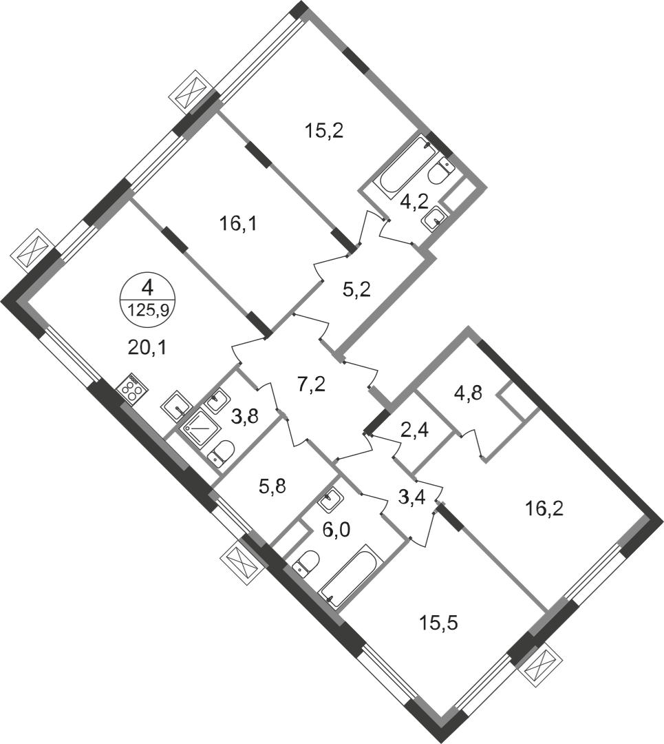 4-комнатная 125 м2 в ЖК Резиденции Сколково корпус null этаж 9