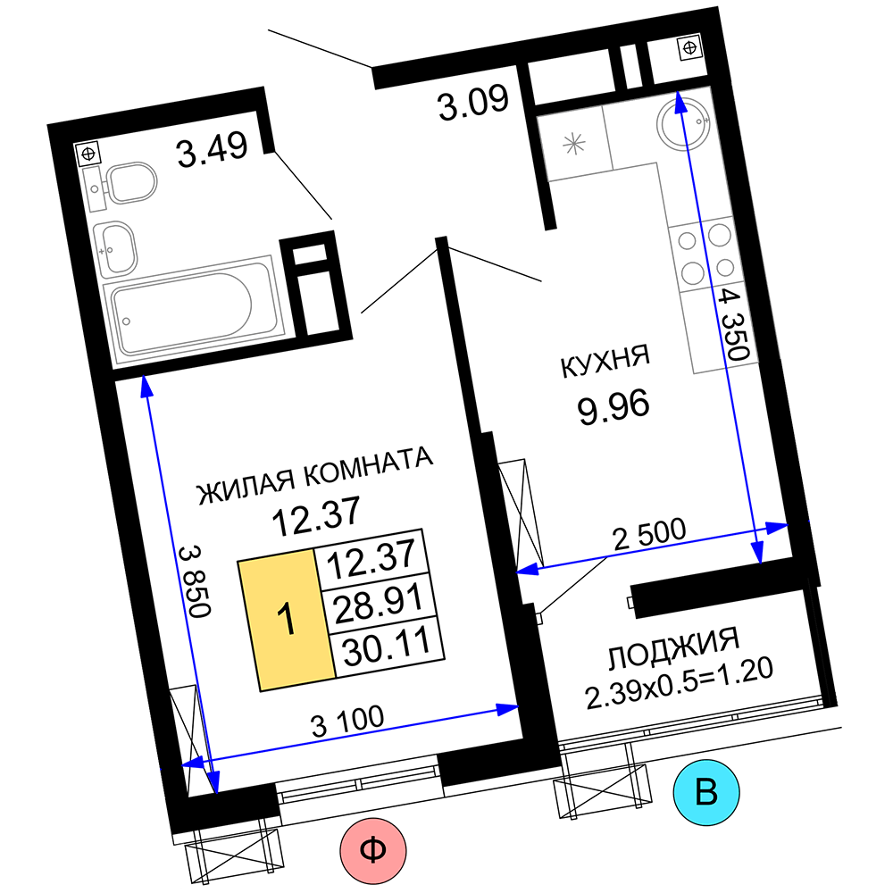 1-комнатная 30 м2 в ЖК Фонтаны корпус null этаж 23