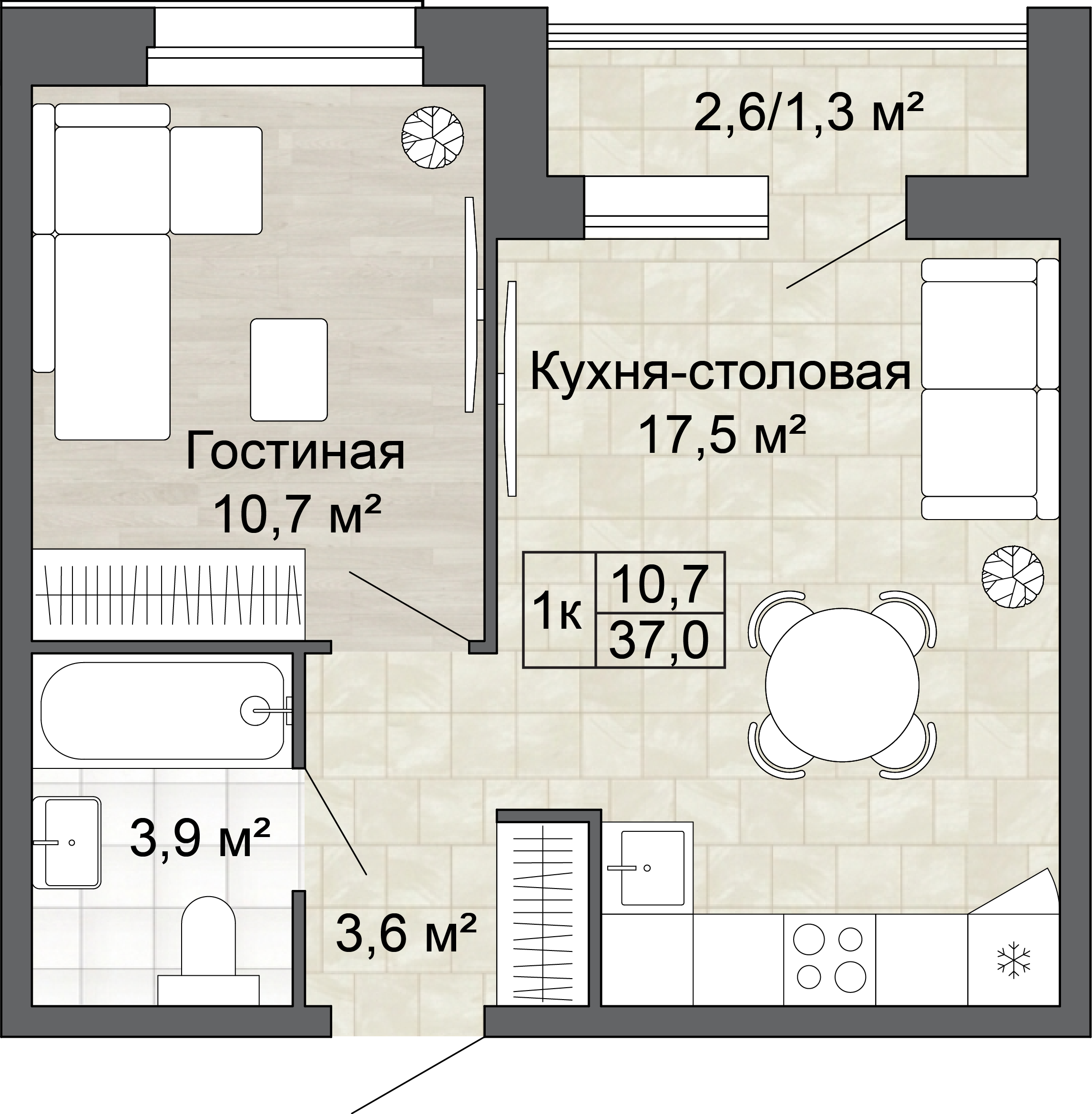 1-комнатная 37 м2 в ЖК Яблоневый Сад корпус null этаж 6