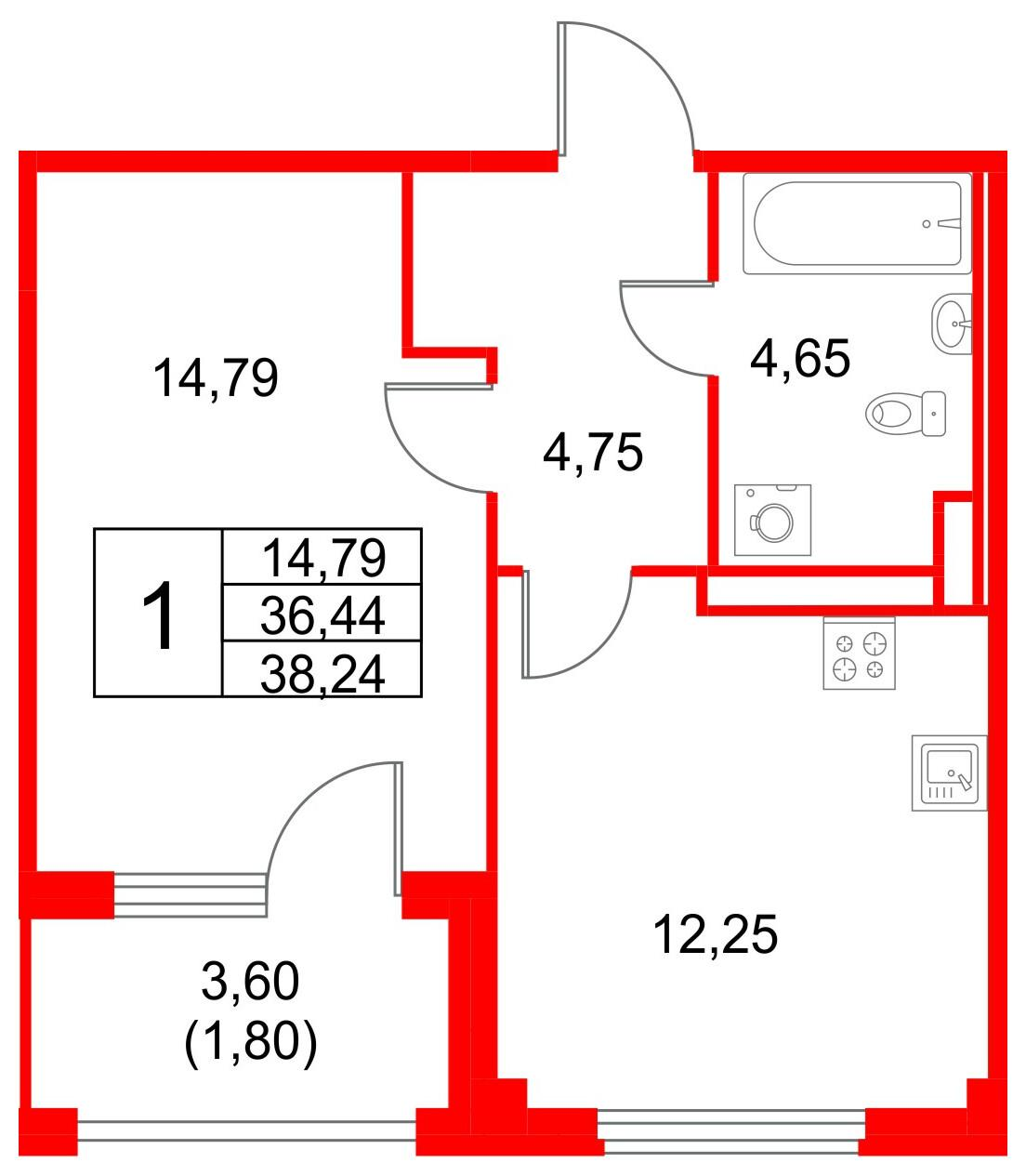 1-комнатная 38 м2 в ЖК Кронфорт. Центральный корпус null этаж 4