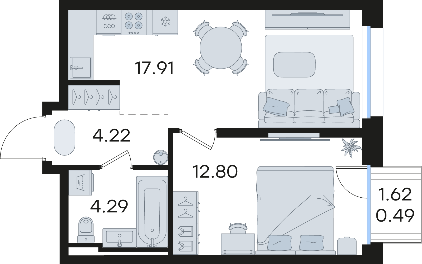 1-комнатная 39 м2 в ЖК GloraX Premium Гребной канал корпус null этаж 10