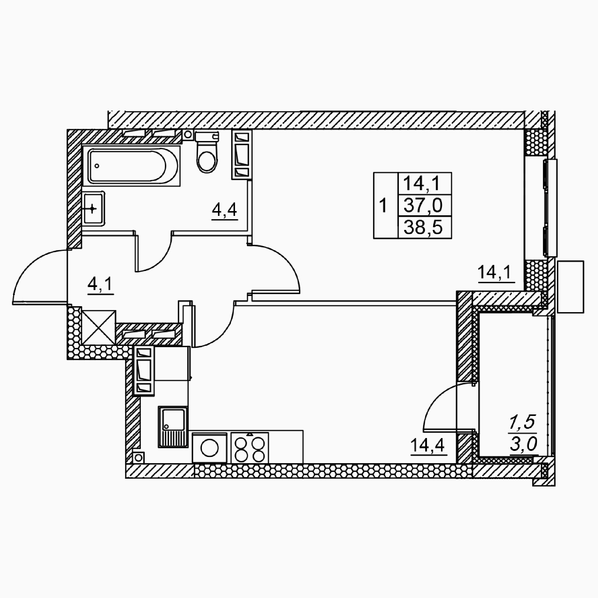 1-комнатная 38 м2 в ЖК Засекин корпус null этаж 10