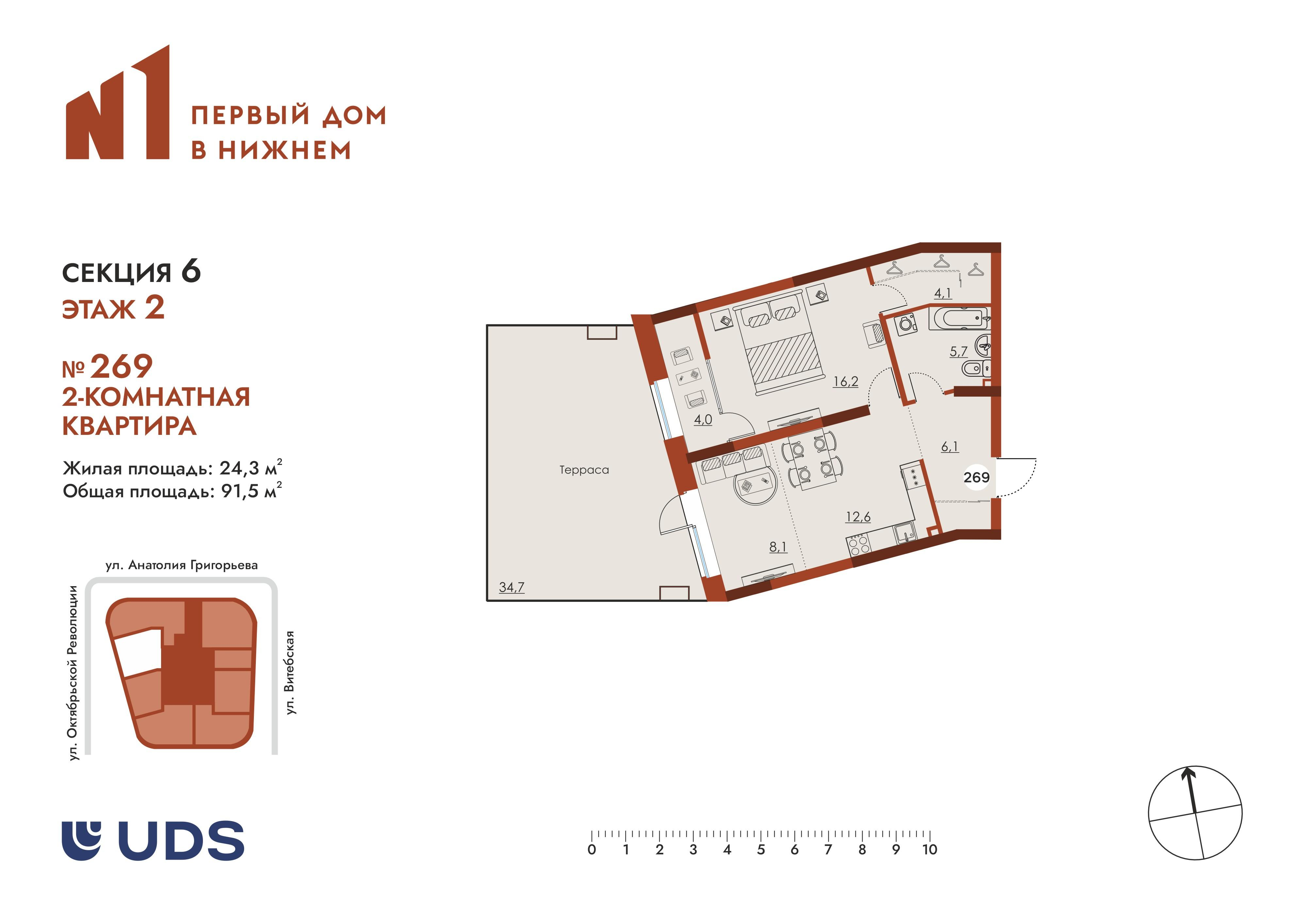 2-комнатная 91 м2 в ЖК N1 Первый дом в Нижнем корпус null этаж 2