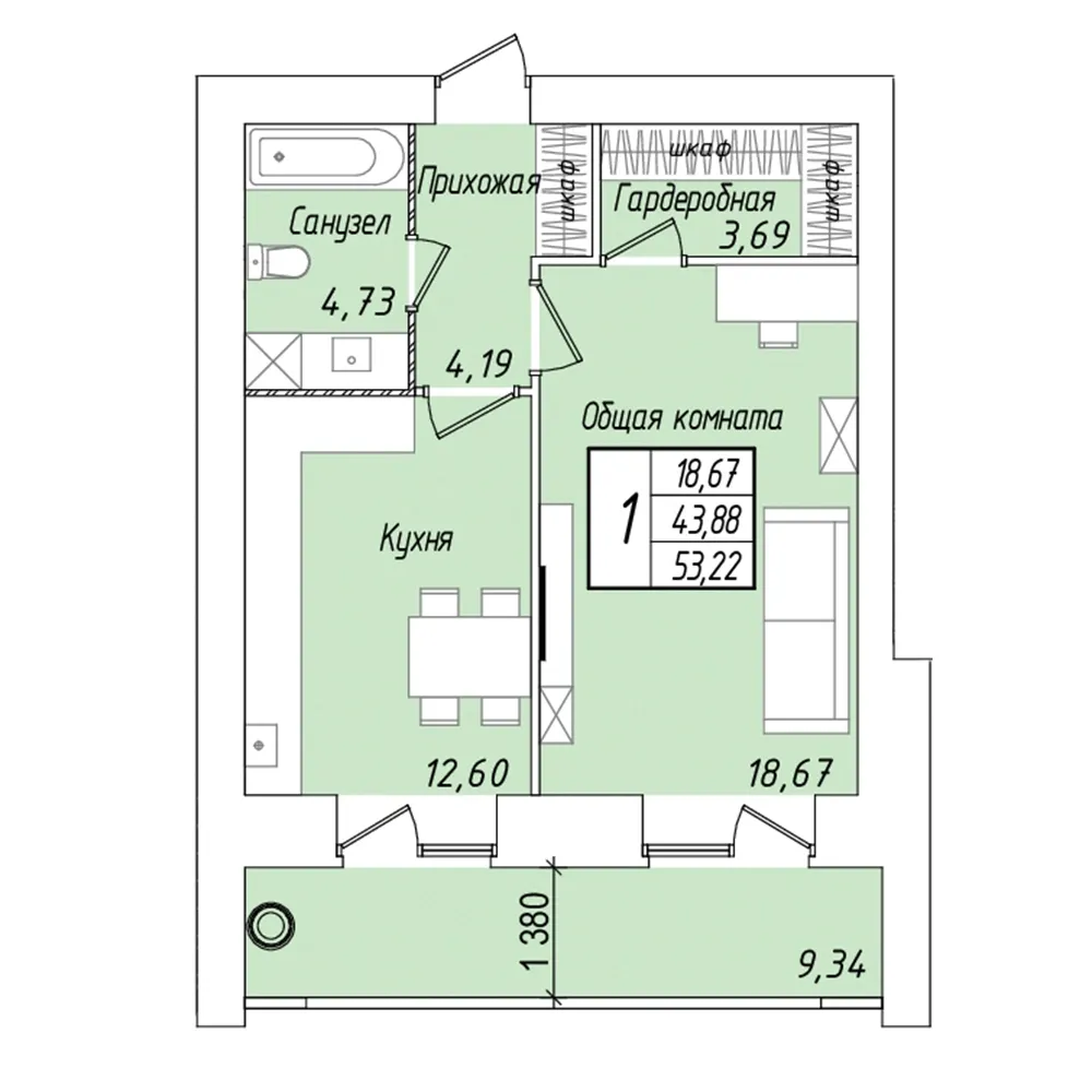 1-комнатная 53 м2 в ЖК «Мирный» поз. 27 корпус null этаж 9