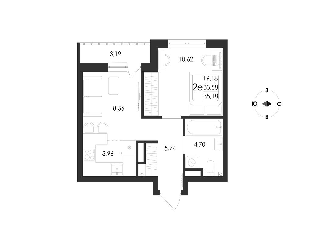 2-комнатная 35 м2 в ЖК Май корпус null этаж 14