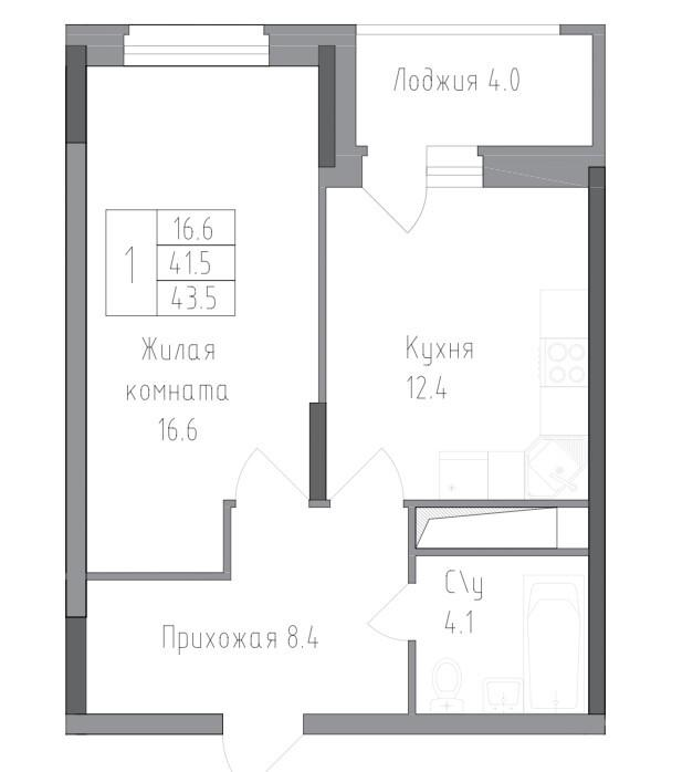 1-комнатная 43.5 м2 в ЖК undefined корпус null этаж 10
