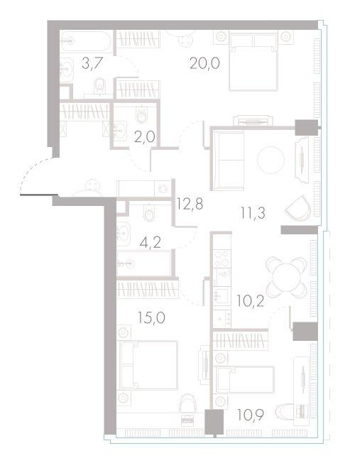 3-комнатная 88 м2 в ЖК River Park Towers Кутузовский корпус null этаж 3