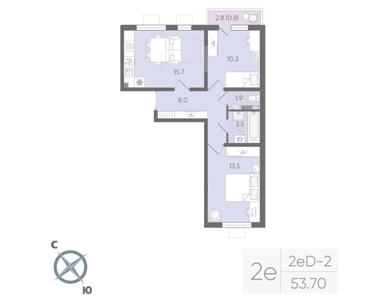 2-комнатная 53 м2 в ЖК Ручьи (2 оч.) корпус null этаж 2