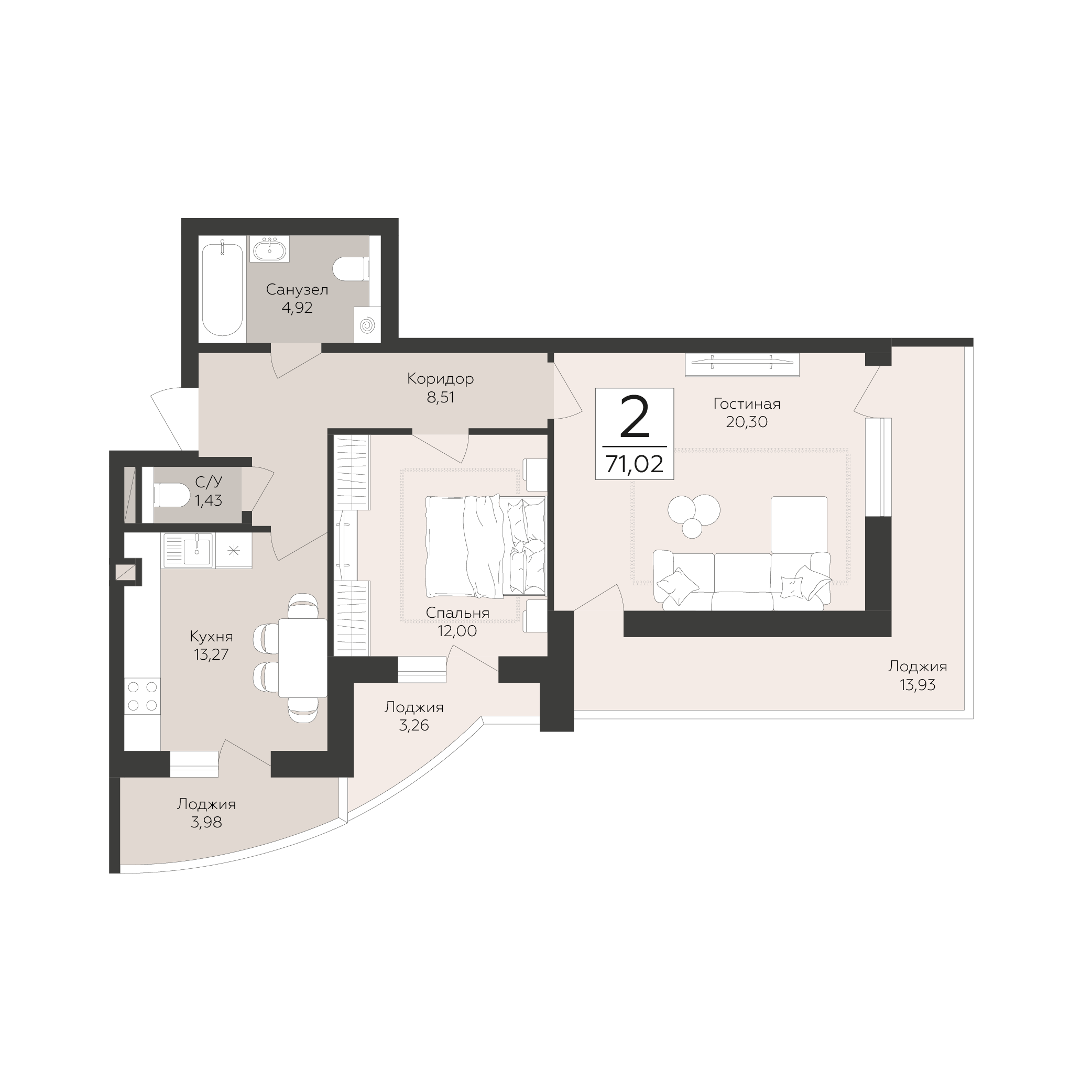 2-комнатная 71 м2 в ЖК Скай корпус null этаж 2