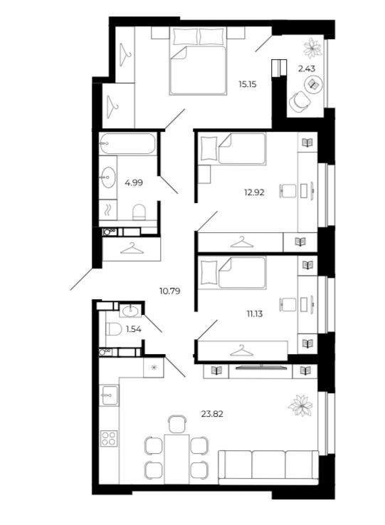 3-комнатная 80.3 м2 в ЖК undefined корпус null этаж 13