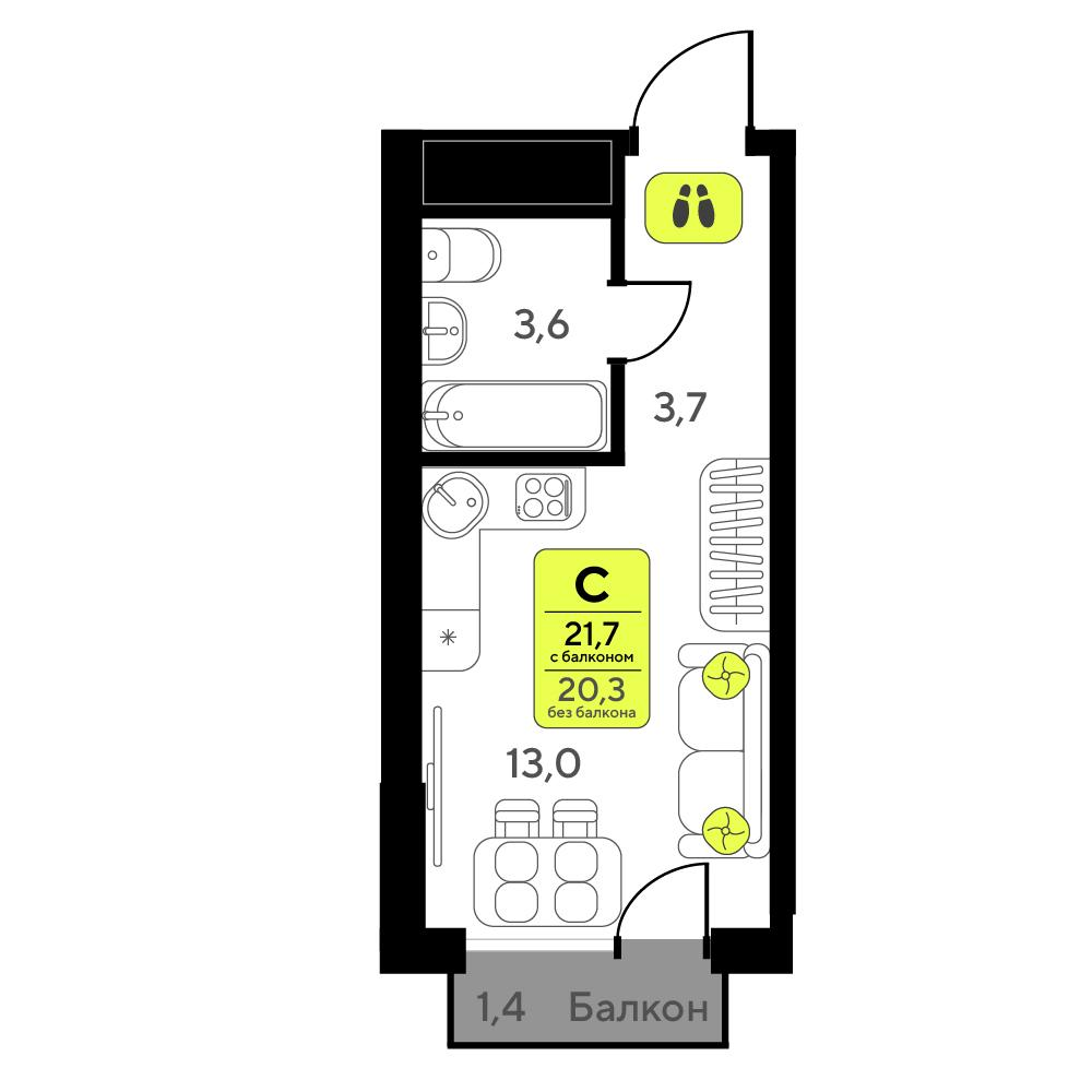 Студия 21 м2 в ЖК Мотивы корпус null этаж 14