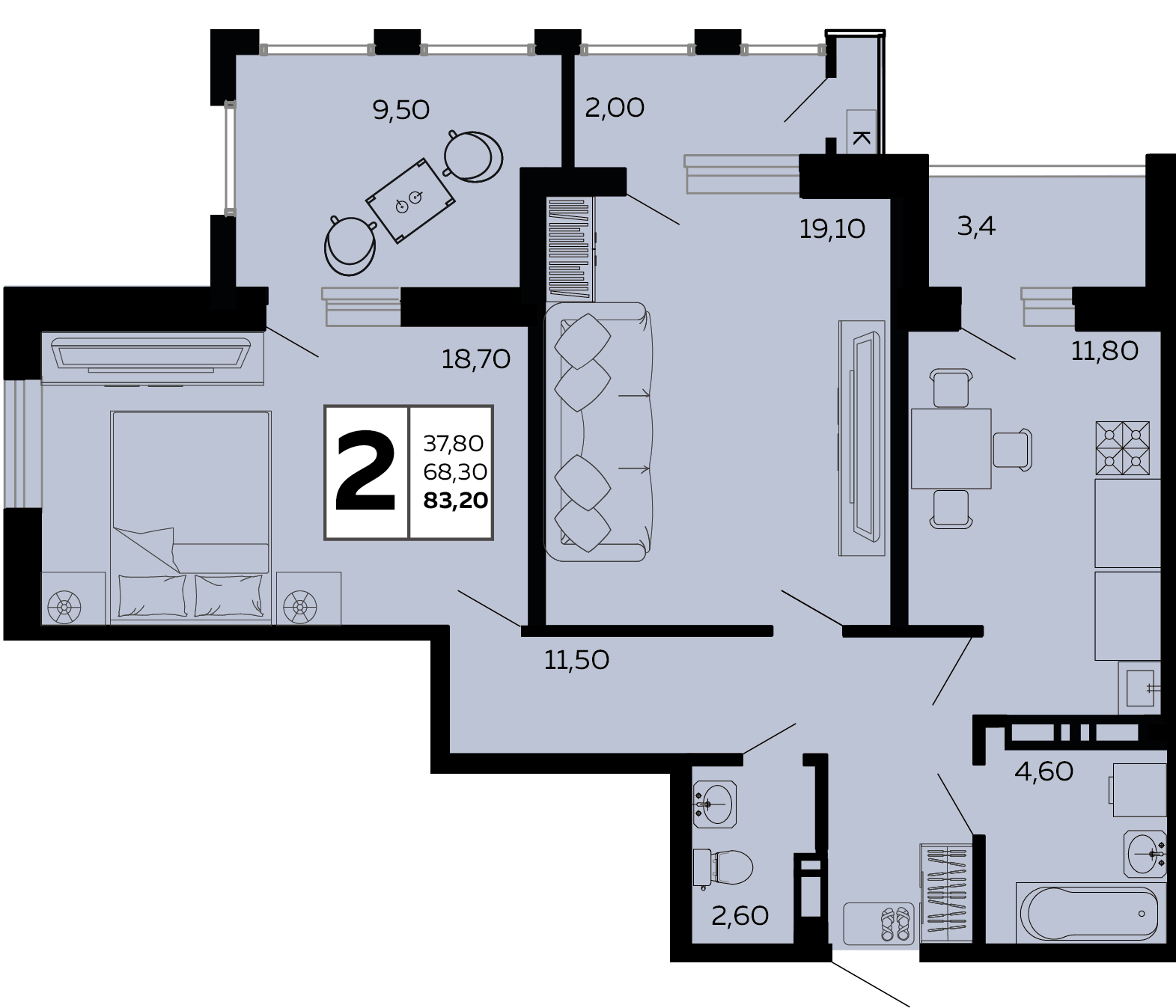 2-комнатная 84 м2 в ЖК Мост корпус null этаж 14