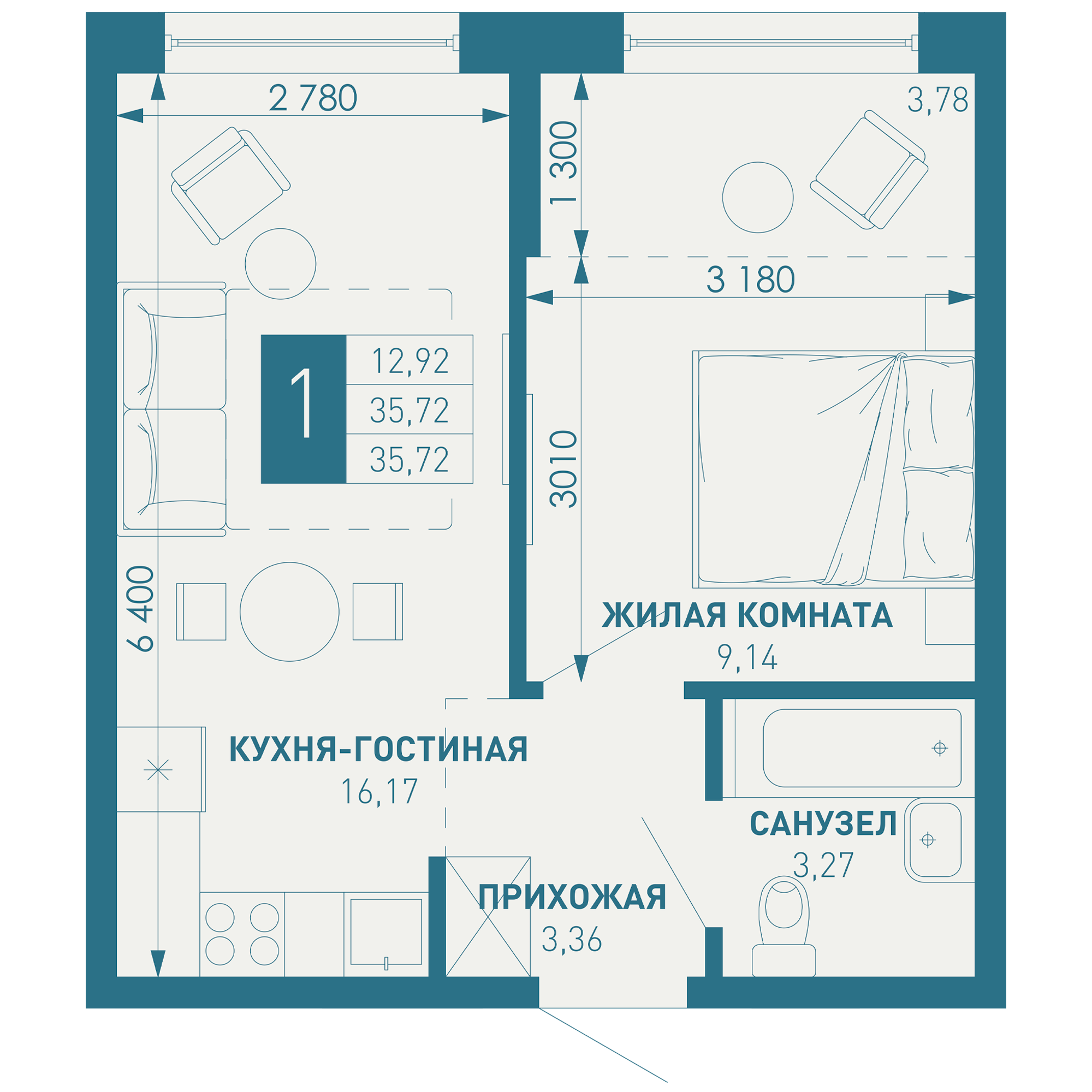 1-комнатная 37 м2 в ЖК ИНАЧЕ в Молодежном корпус null этаж 9