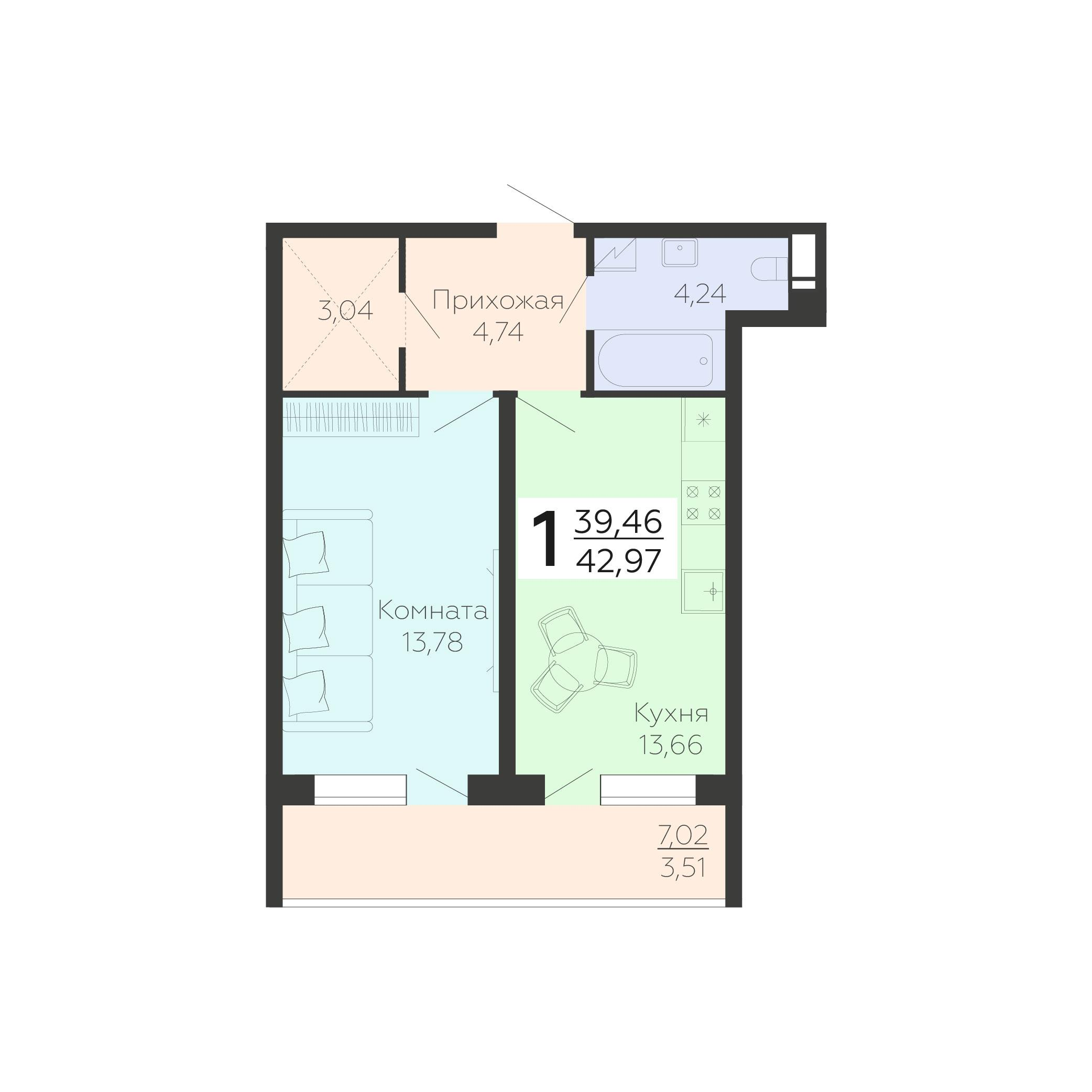 1-комнатная 42 м2 в ЖК Галактика 2|3 корпус null этаж 2