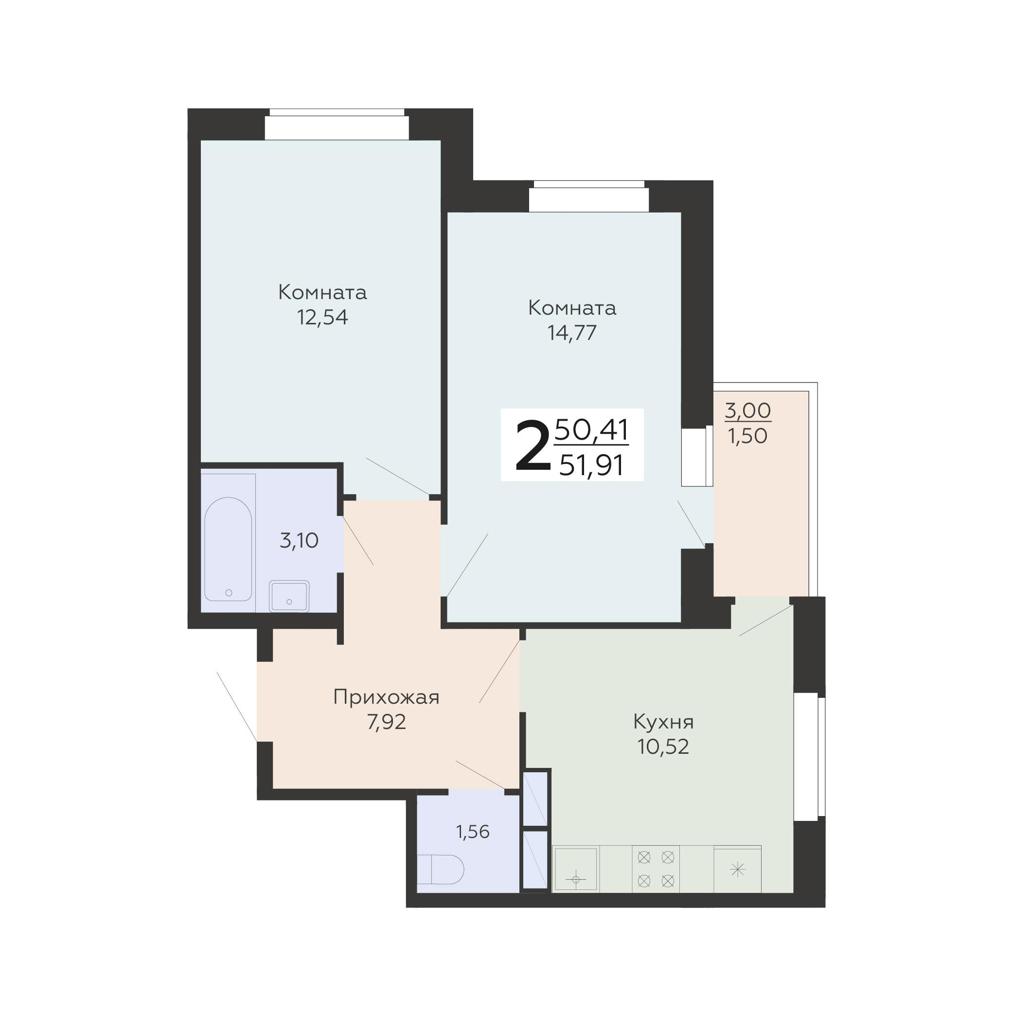 2-комнатная 51 м2 в ЖК Авиапарк корпус null этаж 2