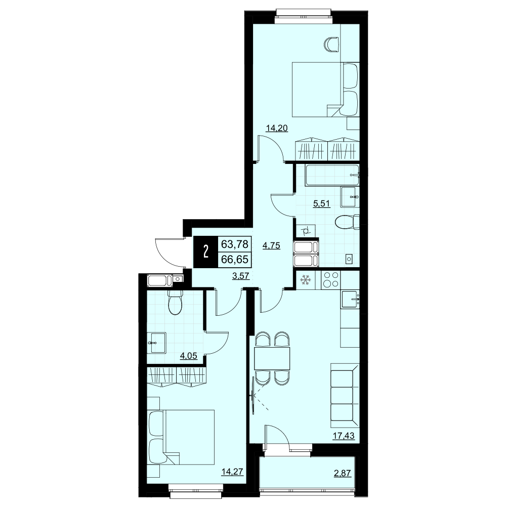 2-комнатная 65 м2 в ЖК Макрорайон Амград корпус null этаж 8