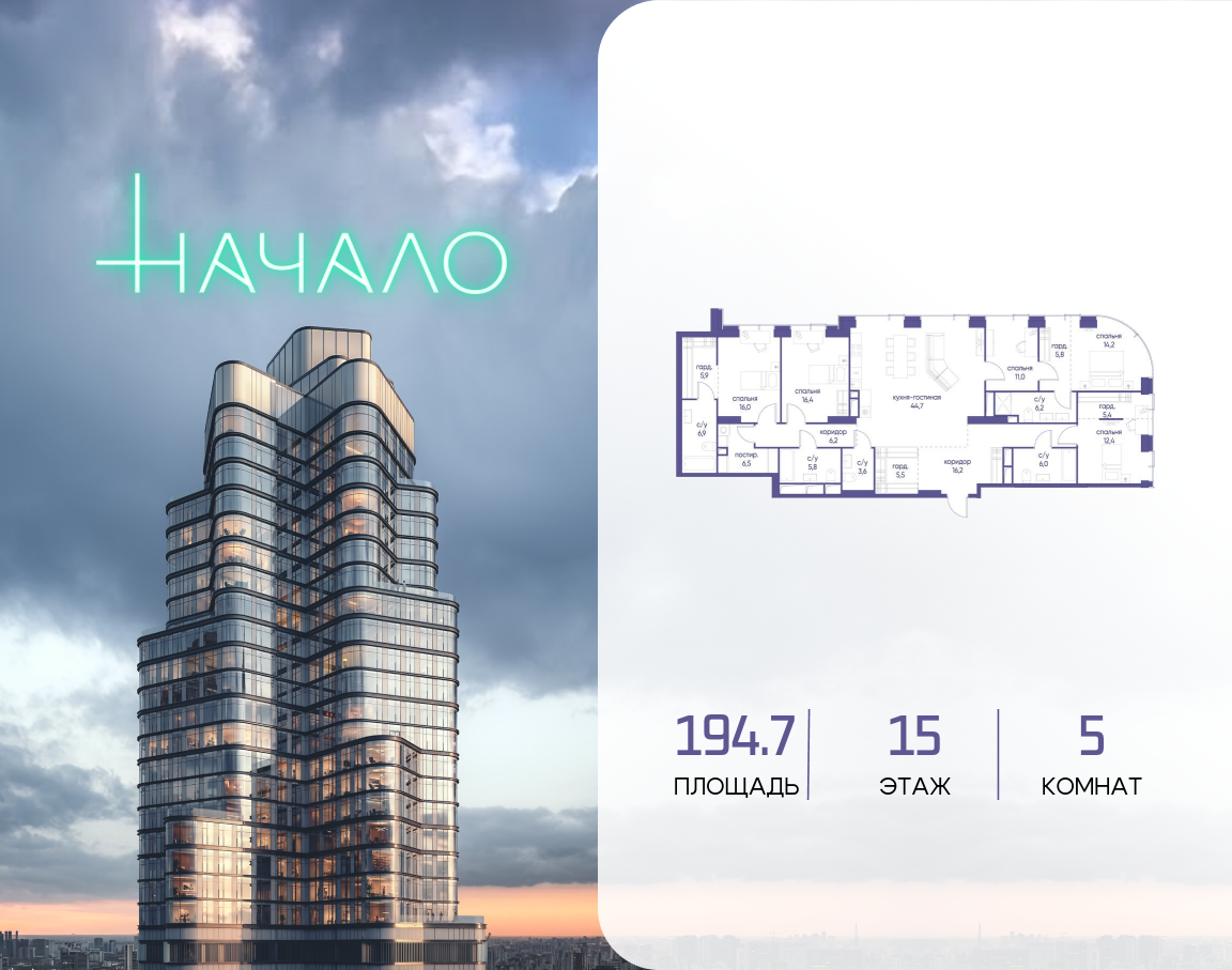 5-комнатная 194 м2 в ЖК Начало корпус null этаж 15